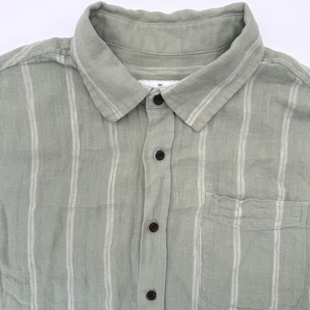 Katin Button Down Mens Small Sage Green Striped Short Sleeve Cotton Linen‎ Shirt